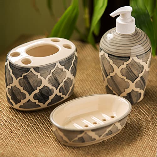 Exclusivelane Moroccan Essentials Handpainted 3 Piece Ceramic Bathroom Accessory, Grey And Off White (Liquid Soap Dispenser, Soa